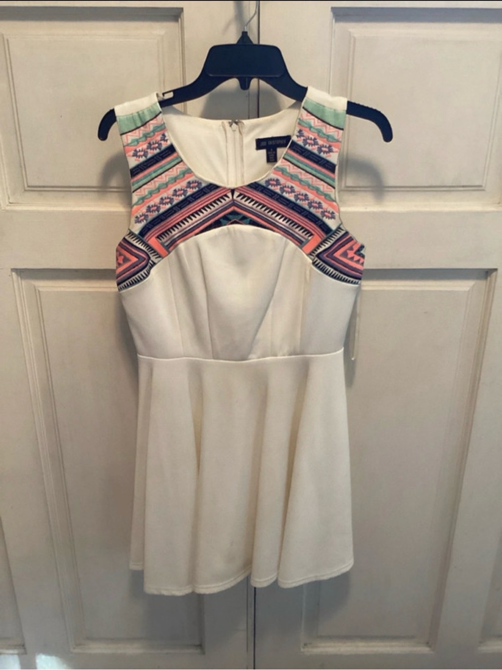 Jodi Kristopher White Skater Dress with Multicolor Aztec Trim